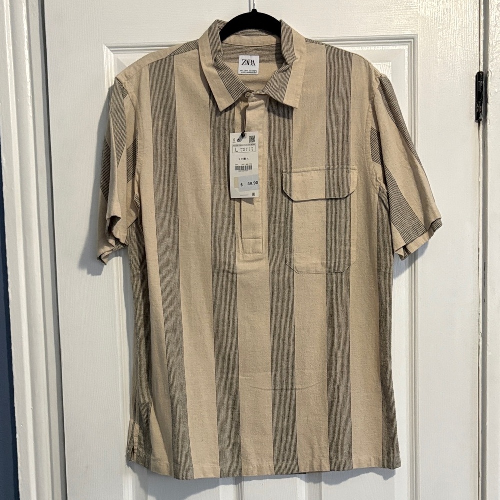 Zara Men's Polo with Beige and Gray Stripes